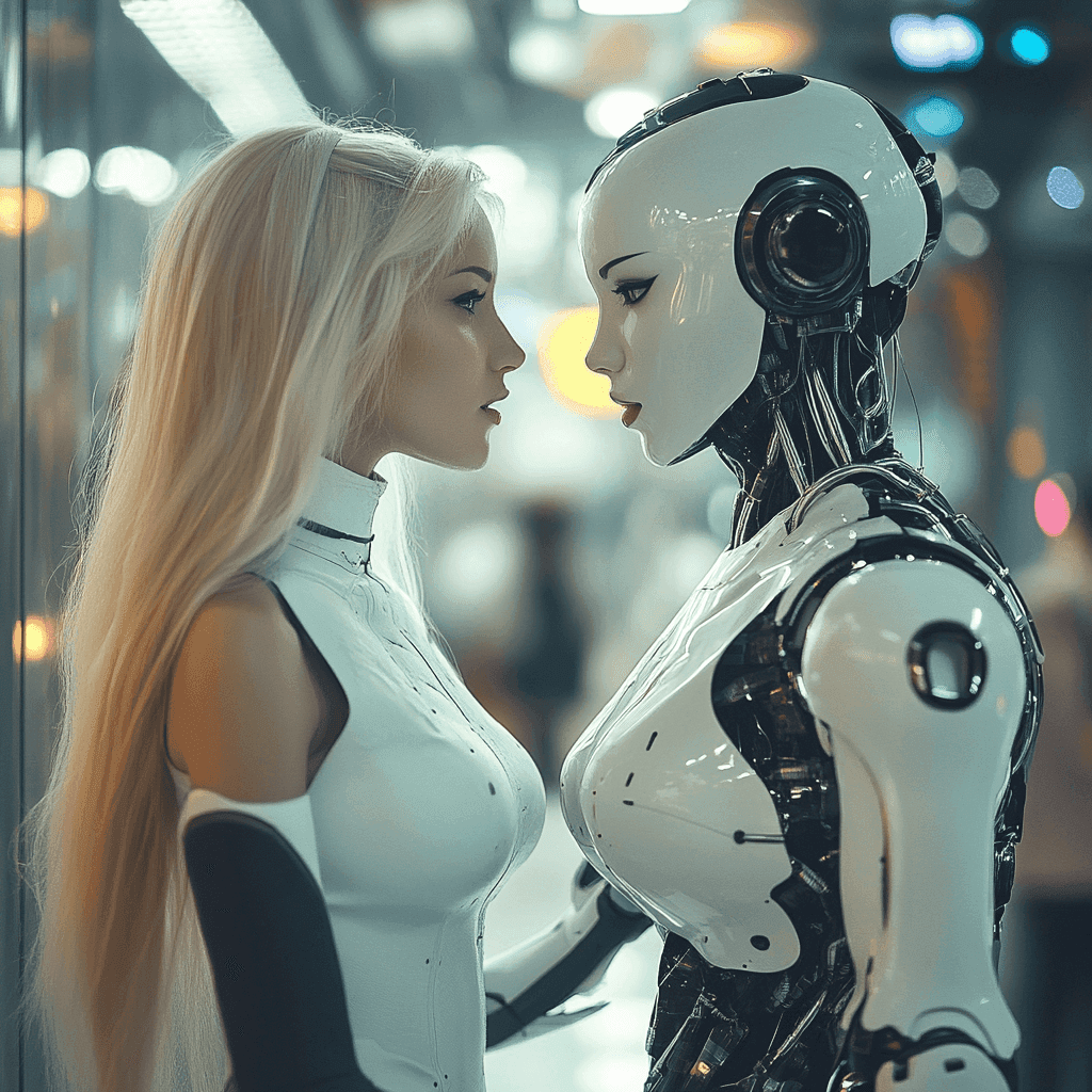 Human-like robot facing a person with long blonde hair in a futuristic setting.